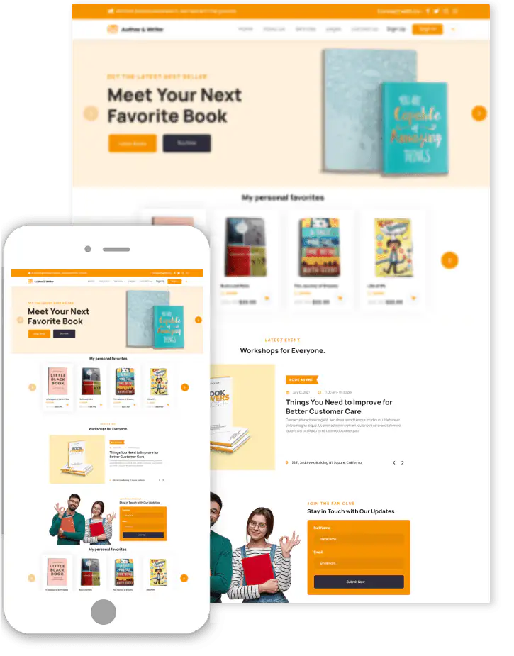 Author & Writer WordPress theme demo showing book store homepage on desktop and mobile