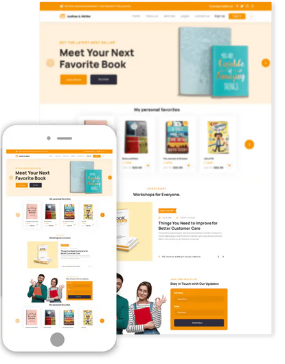 Author & Writer WordPress theme demo showing book store homepage on desktop and mobile