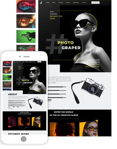 Creative portfolio WordPress theme demo with photographer homepage on desktop and mobile