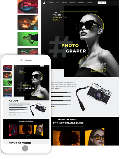 Creative portfolio WordPress theme demo with photographer homepage on desktop and mobile