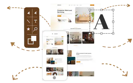 Website editor banner showing responsive site preview with drag-and-drop editing tools