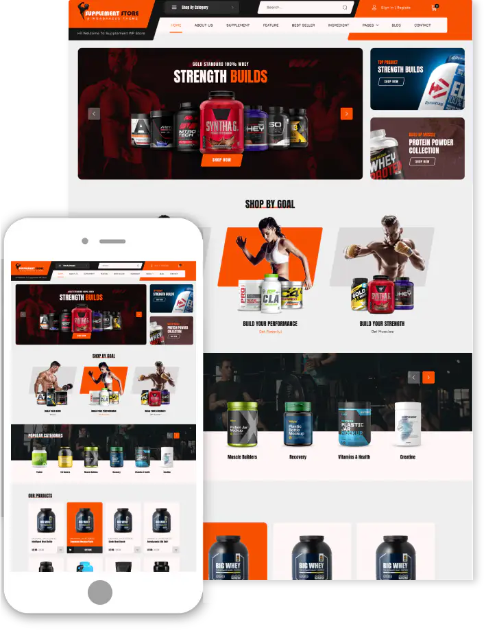 Fitness supplement WooCommerce theme homepage mockup with product sliders and category sections