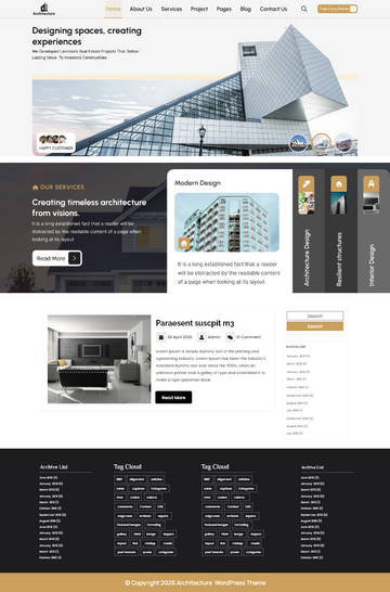 Architecture WordPress theme homepage template with modern building design on desktop and mobile