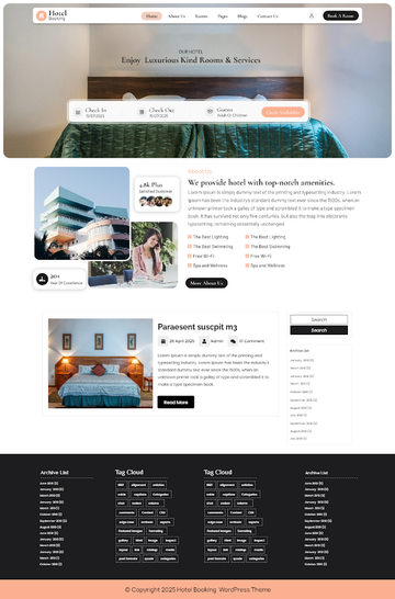 Hotel booking WordPress theme homepage with room search bar and amenities sections