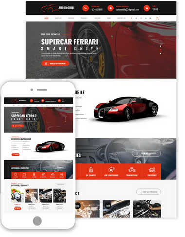 Responsive automobile website template preview with red sports car and service sections