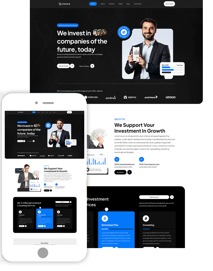 Investment WordPress theme homepage mockup on desktop and mobile screens