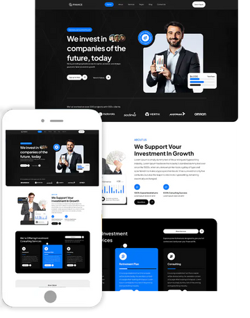 Investment WordPress theme homepage mockup on desktop and mobile screens
