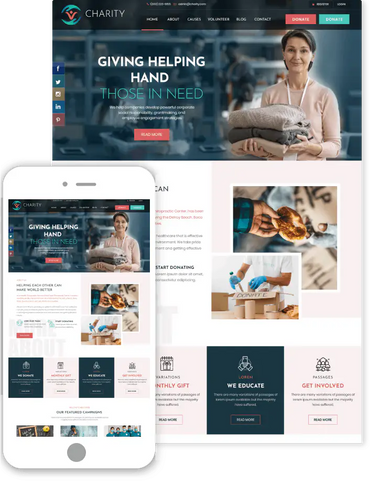 Charity NGO WordPress theme homepage template with donate buttons and volunteer holding blankets