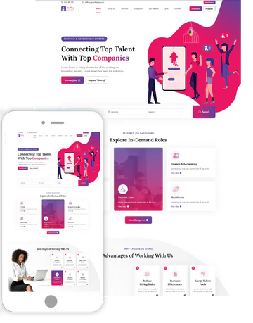 Staffing agency WordPress theme template with recruitment landing page and mobile preview