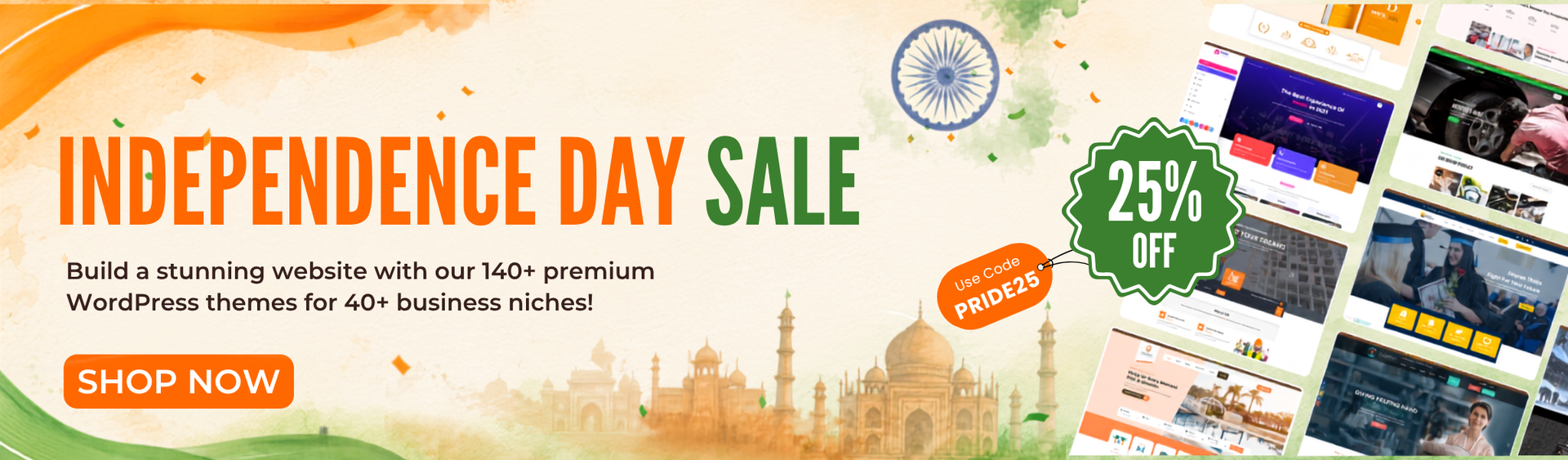 Independence Day sale banner with 25% off, code PRIDE25, WordPress themes promotion