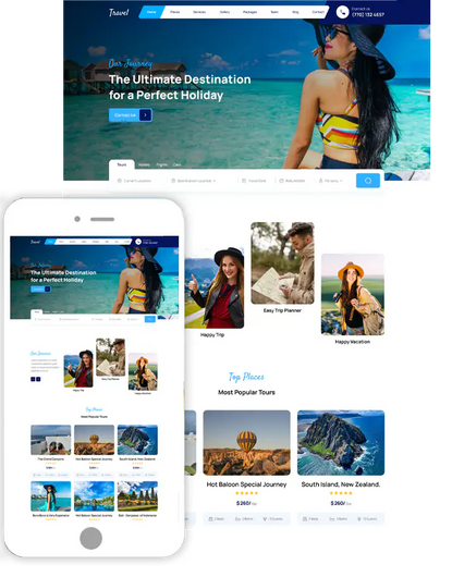 Travel booking WordPress theme demo with beach hero section and tour listings on desktop and mobile