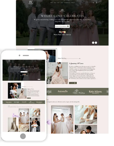 Wedding WordPress theme website preview on desktop and mobile screens