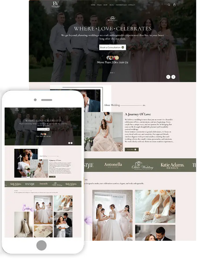 Wedding WordPress theme website preview on desktop and mobile screens