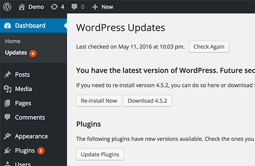 Screenshot for WordPress Core Updates