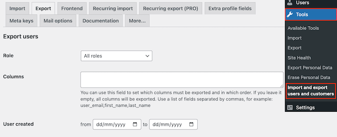 screenshot for settings in WP All Export plugin